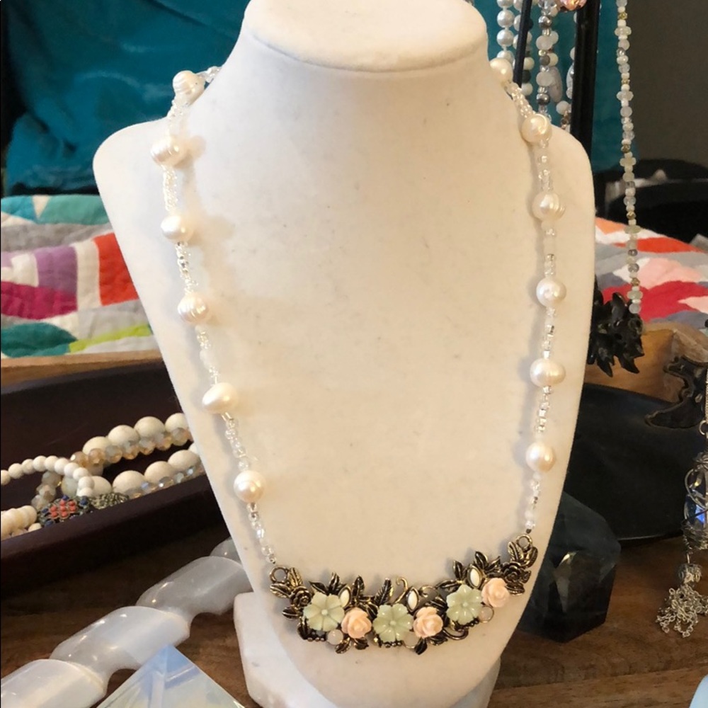 Mint & Peach Flower & Pearl Statement Necklace